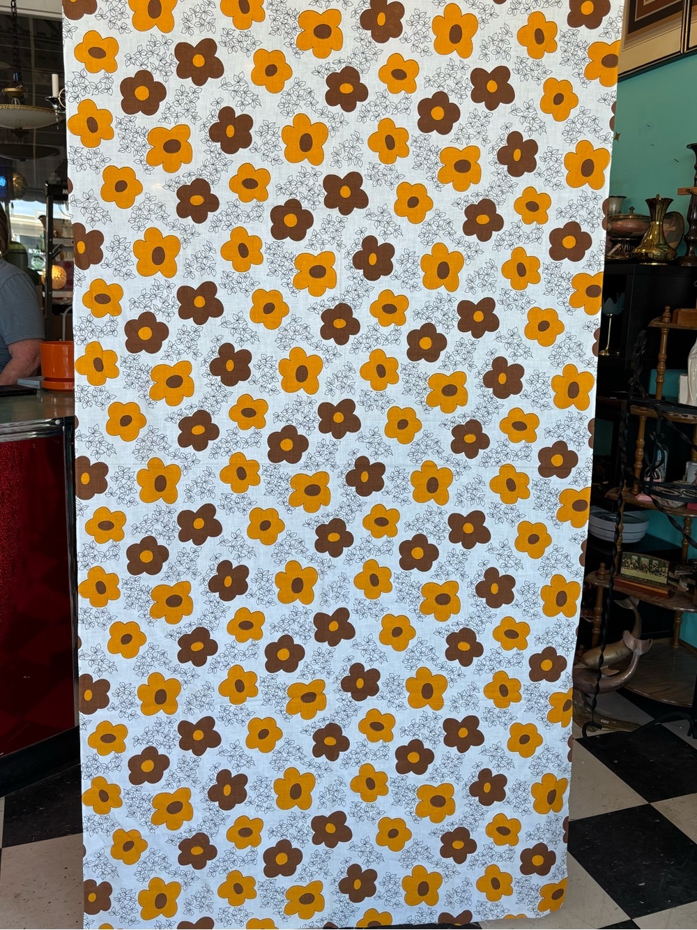 Vintage cotton material, large piece, flower power , orange brown white